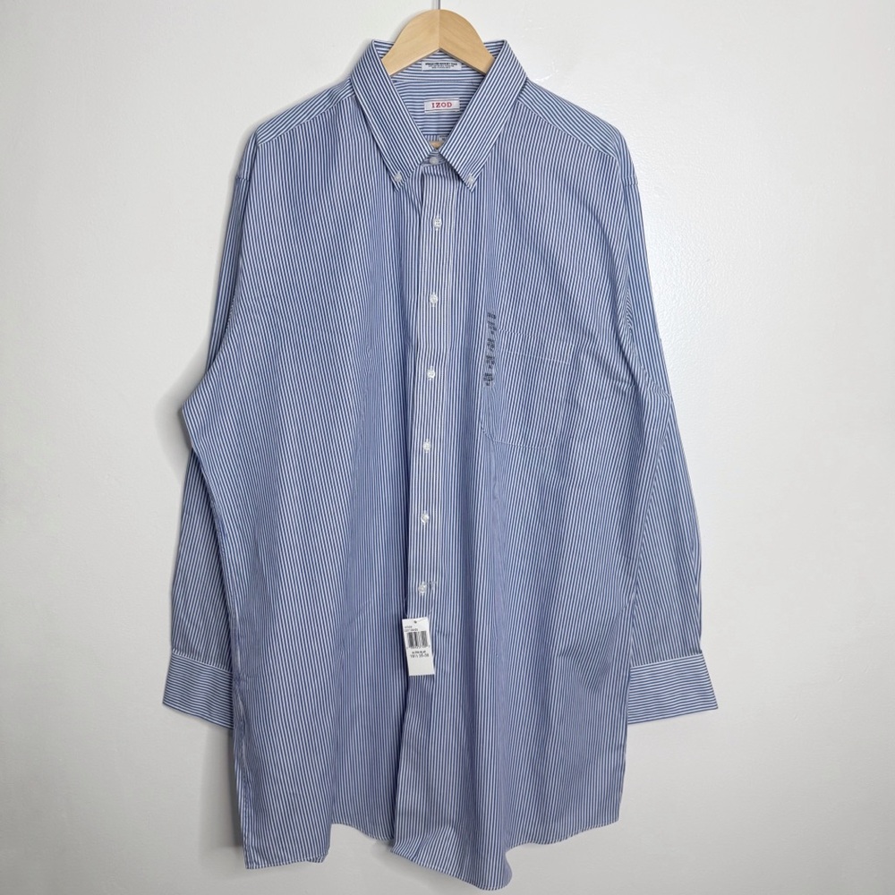 NWT Izod Men's Button‎ Down Shirt Blue Stripe 18 1/2 XXL Business Casual Preppy